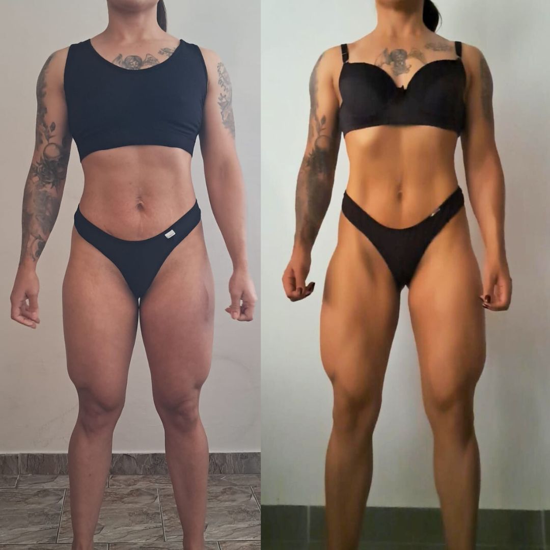 Antes e depois de uma aluna do acompanhamento, de frente